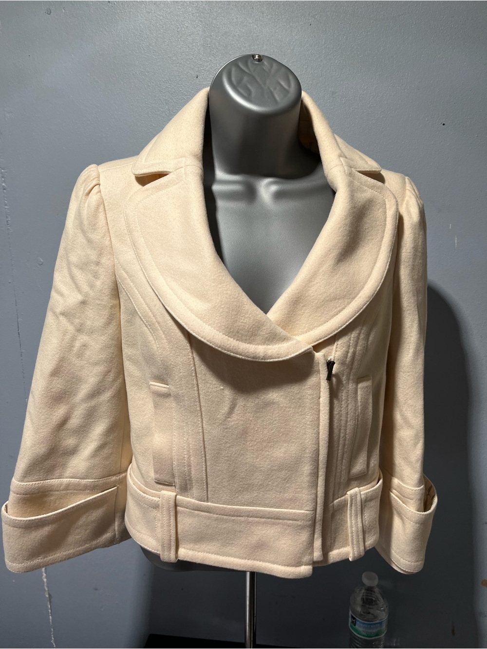 Guess Cream Cropped Wool-Blend Pea Coat with Shawl Collar